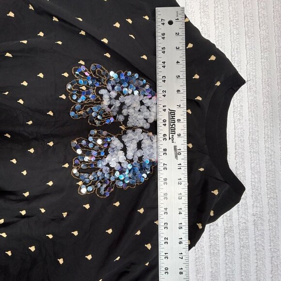 Women's Long Flutter Sleeve Pullover Sheer Blouse Top Sequin Beads Black Stretch - Picture 4 of 8